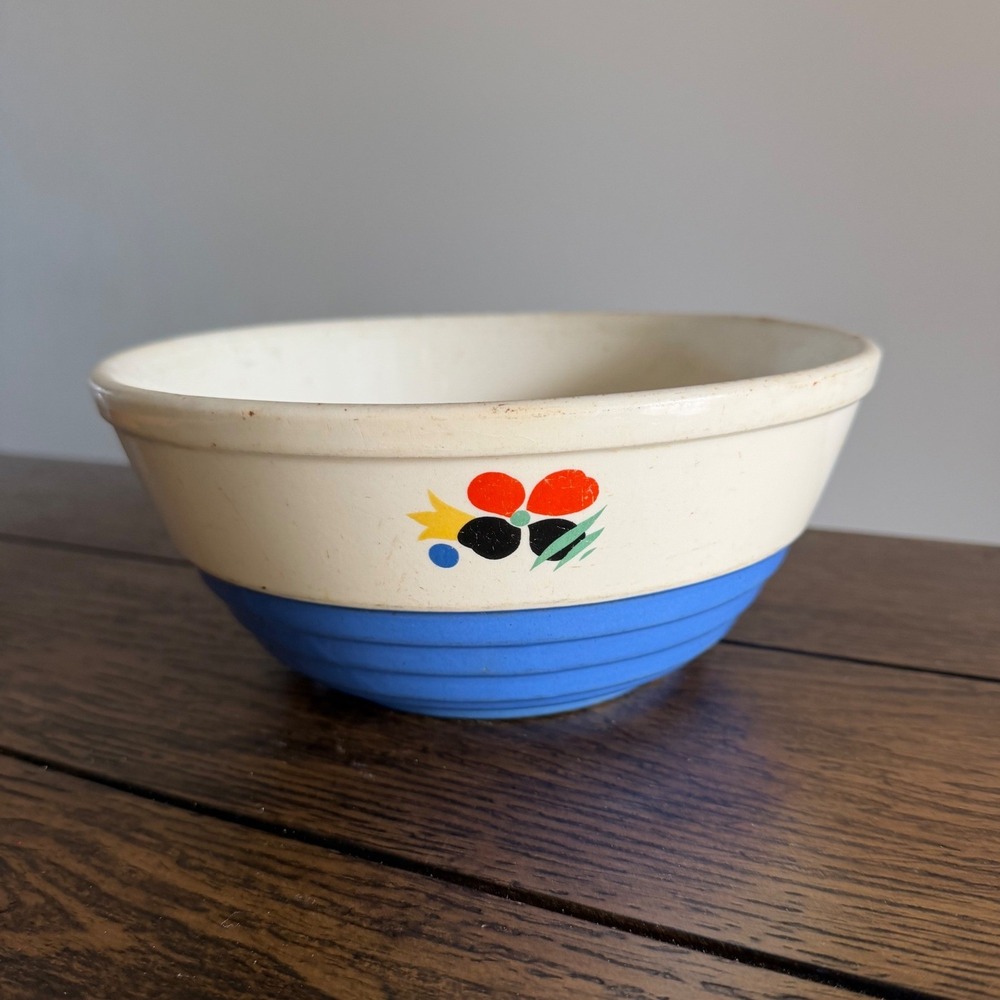 Vintage Universal Pottery Mixing Bowl Pottery Blue Floral Ribbed